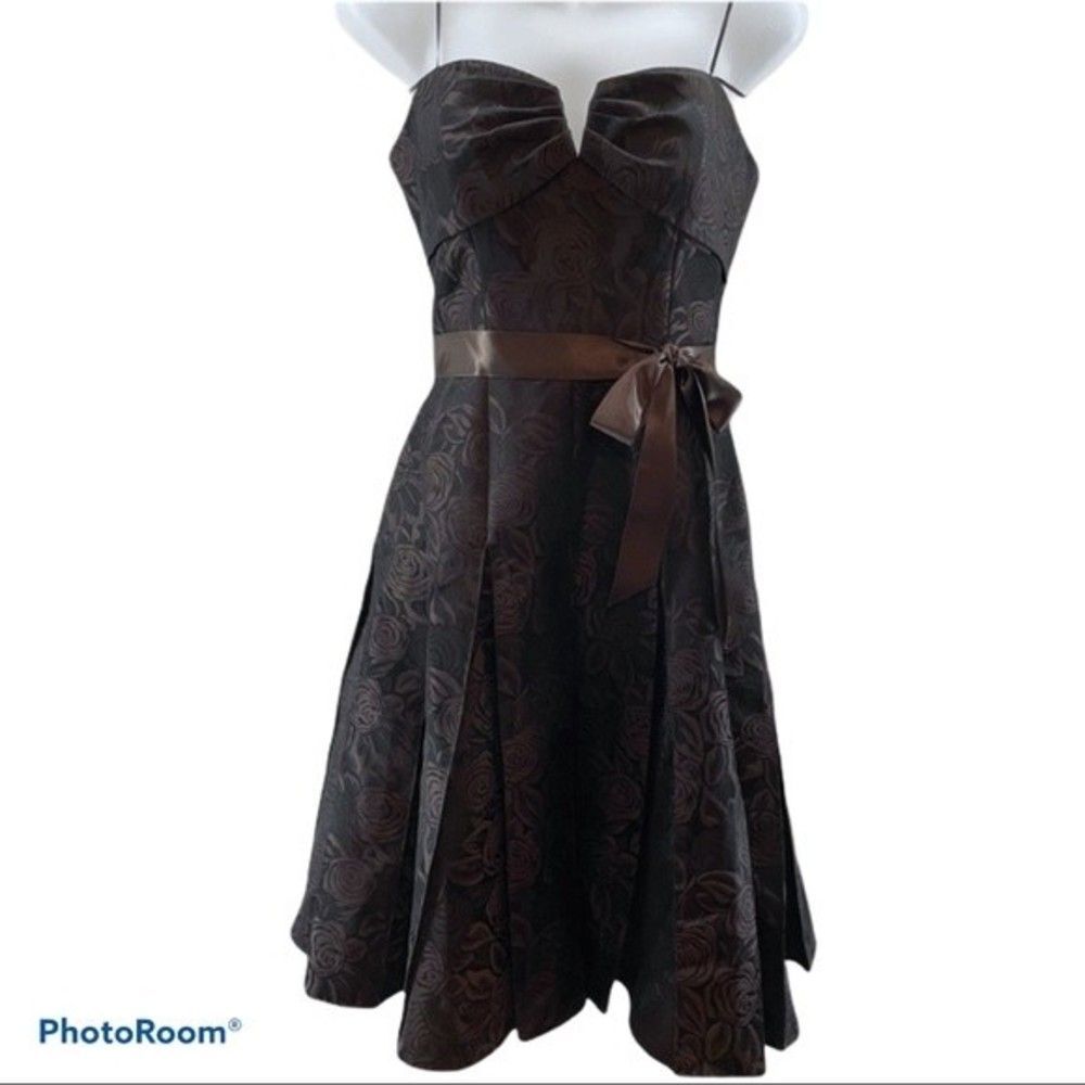 Neiman Marcus Strapless Brown Brocade Fit-and-Flare Dress with Sash